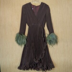 Jack Bryan Dress Womens XS Brown Pleated Feather Trim Vtg Retro 70 Chic Cocktail
